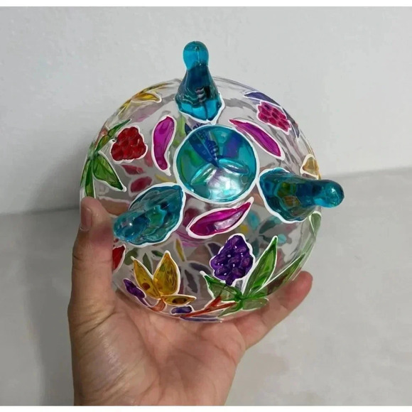 Ompass Hand Painted Art Clear Glass Jar with Lid Embossed Footed Multicolor - Picture 6 of 9